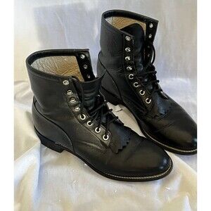 Justin Boots 506 Black Leather Lace-Up Roper Cowboy Boots with Kiltie Fringe 6D